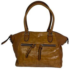 Brown Tan Faux Leather Shoulder Bag Purse Laptop Tablet Pouch Pockets Vinyl Zip‎